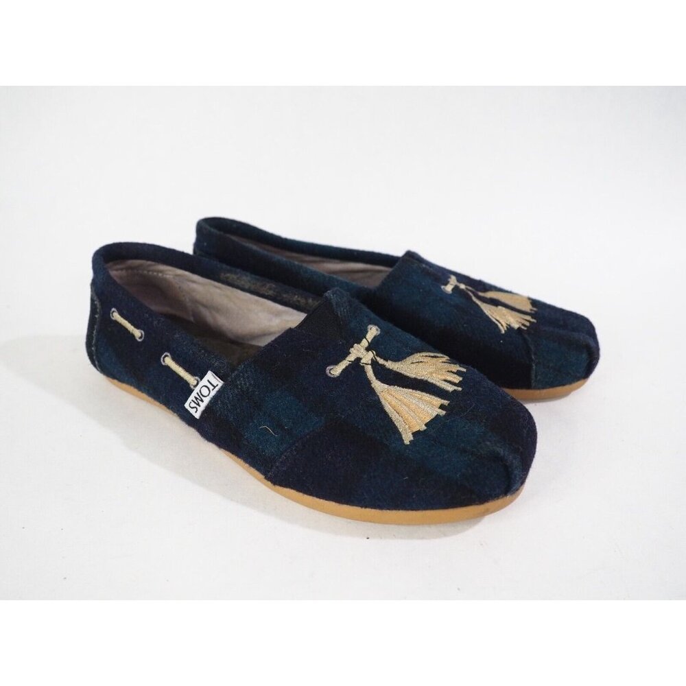 TOMS Green & Navy Blue Plaid Classic Flats W/ Embroidered Tassel, Size 5 (US)